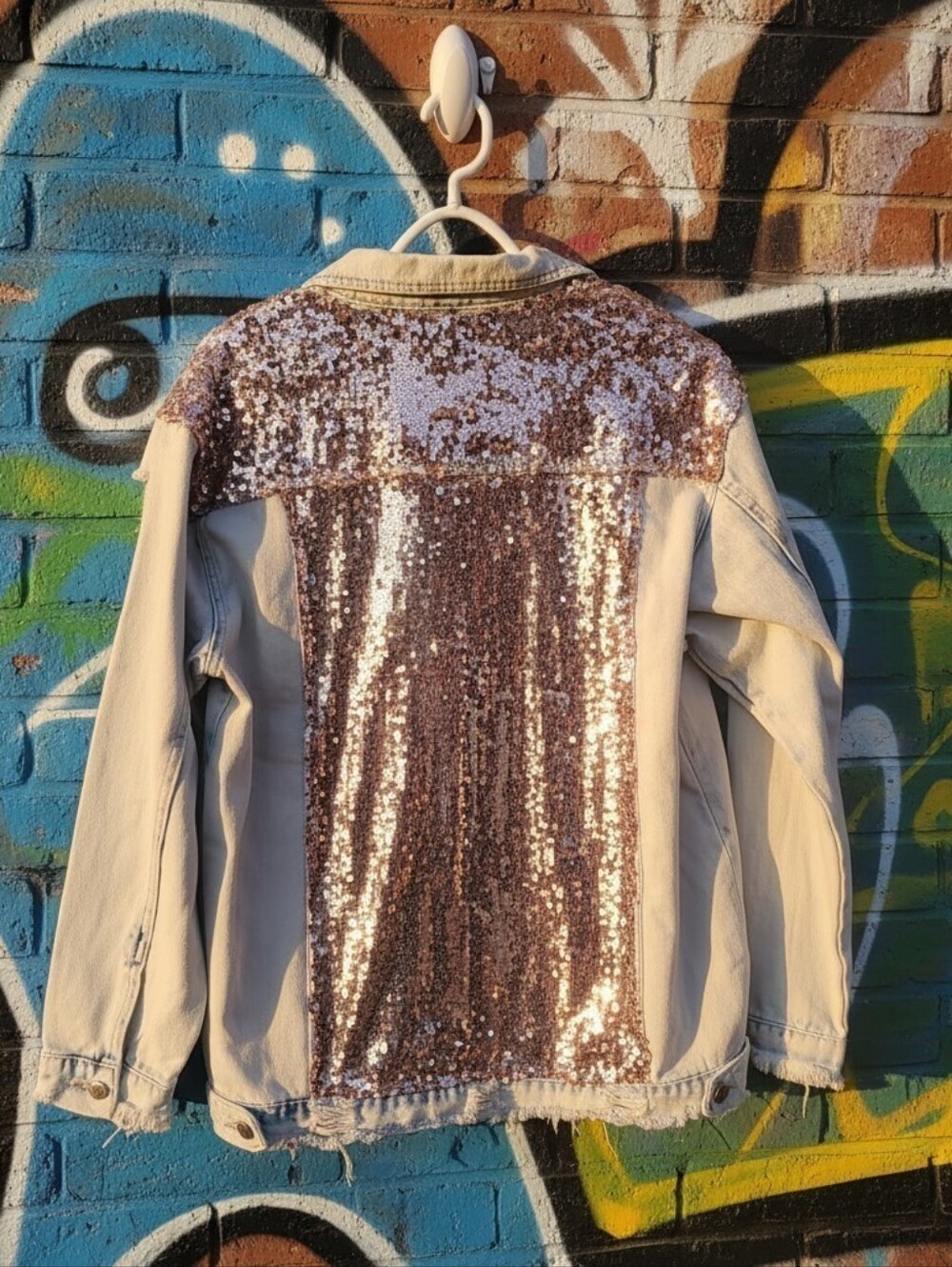 L&B Lucky Blessed Sequin Distressed Light Wash Denim Jean Jacket Rose Gold Sz M